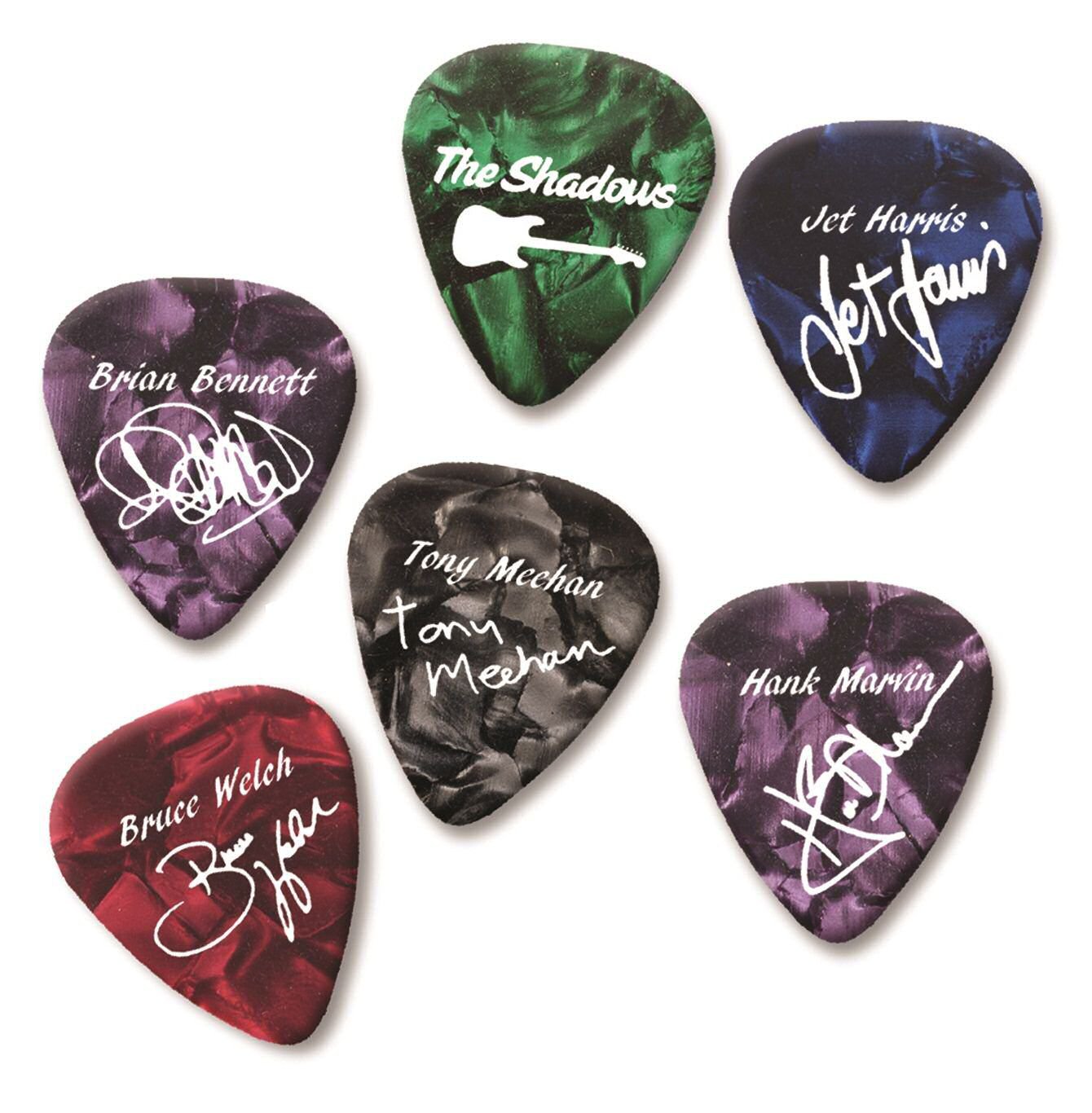 THE SHADOWS Signature stamped in white printed plectrum guitar picks Colour set x6